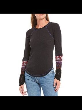 Free People Black Long-Sleeve Thermal Top with Patterned Sleeve Panels